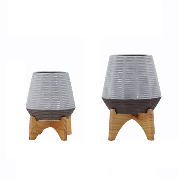 Modern Glazed Ceramic Flower Pots Indoor with wooden stand - Image 2