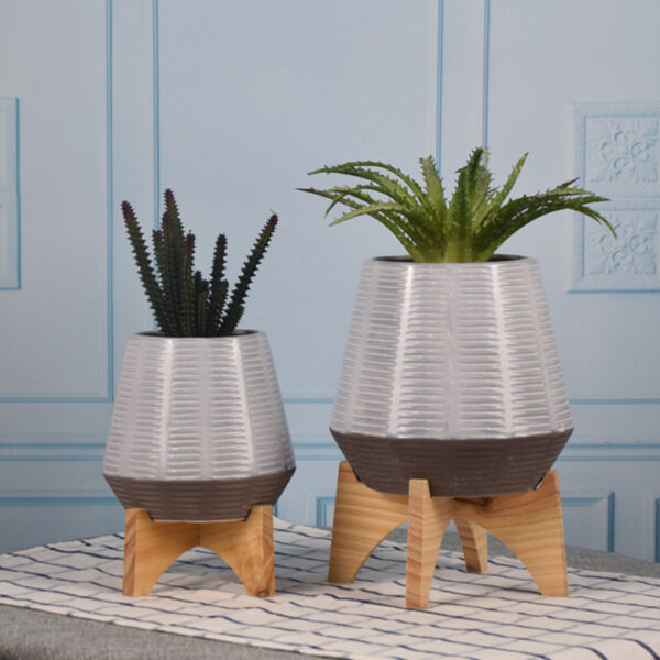 Modern Glazed Ceramic Flower Pots Indoor with wooden stand
