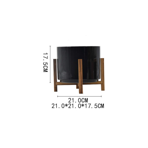 Black And White Matte Ceramic Planter Pots With Wooden Stand - Image 3